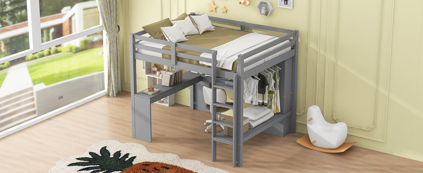 Full Size Loft Bed With L Shaped Desk, Wardrobe And Storage Shelves, Grey Box Spring Not Required Full Grey Wood Bedroom Solid Wood Mdf