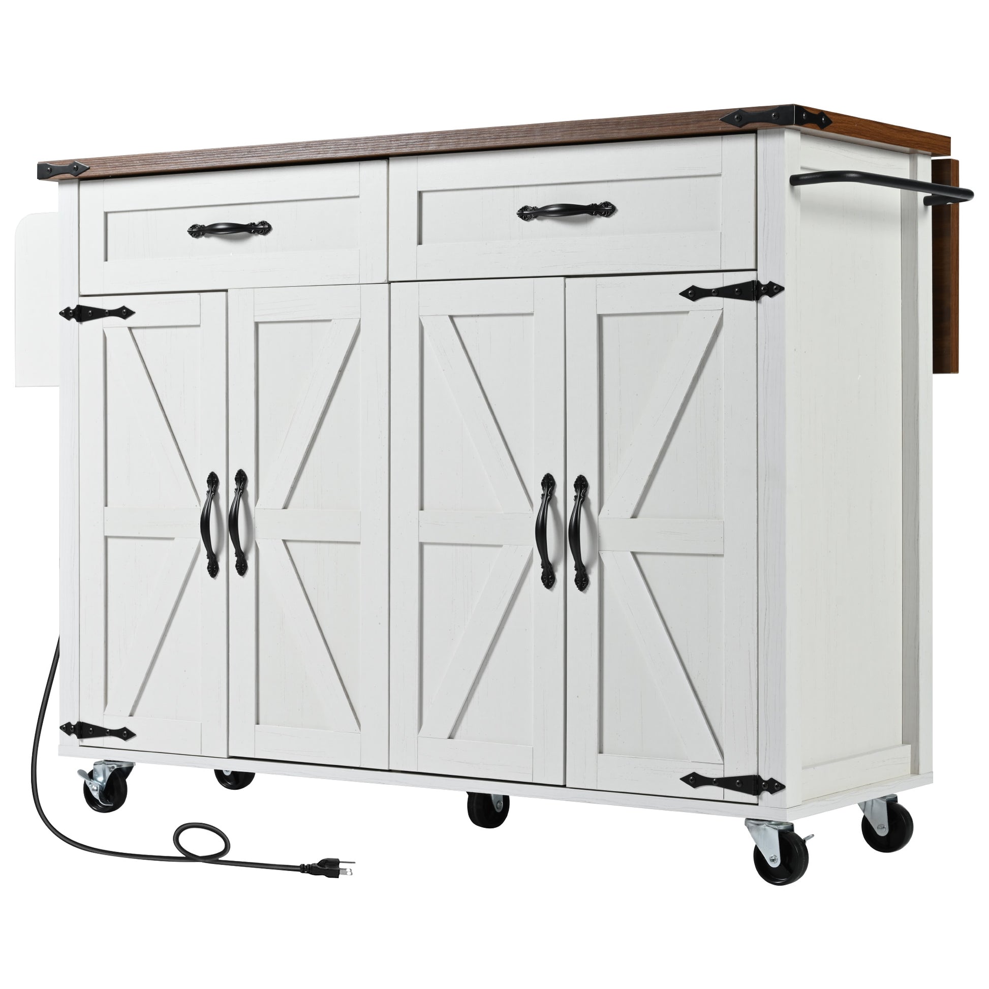 K&K 53.5''Farmhouse Kitchen Island With Power Outlet, Kitchen Storage Island With Drop Leaf, Spice Rack And Drawer, Rolling Kitchen Cart On Wheels, For Home, Kitchen And Dining Room, White White