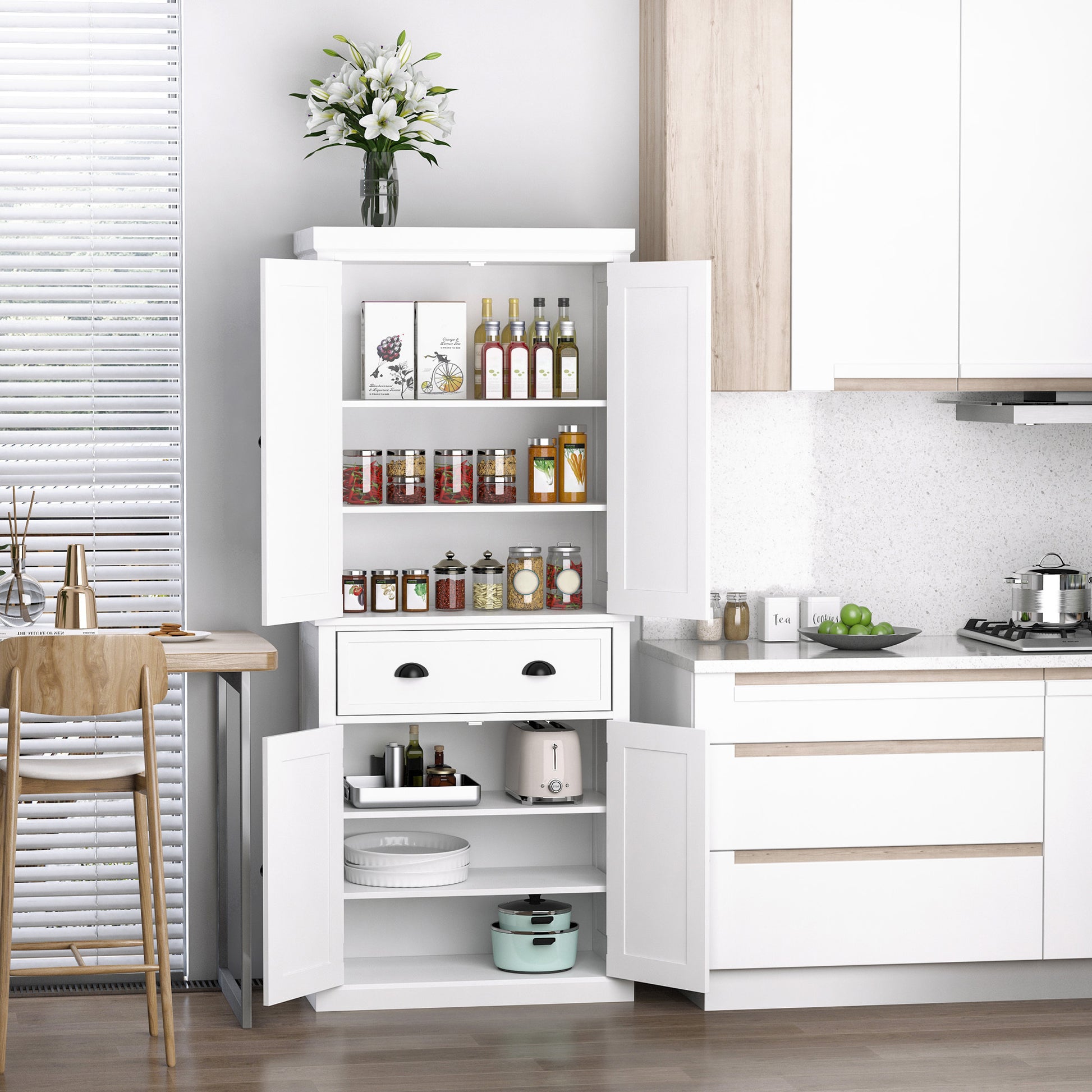 Homcom 72" Freestanding Kitchen Pantry Cabinet, Tall Storage Cabinet With 2 Door Cupboards, Drawer And Adjustable Shelves, White White Mdf