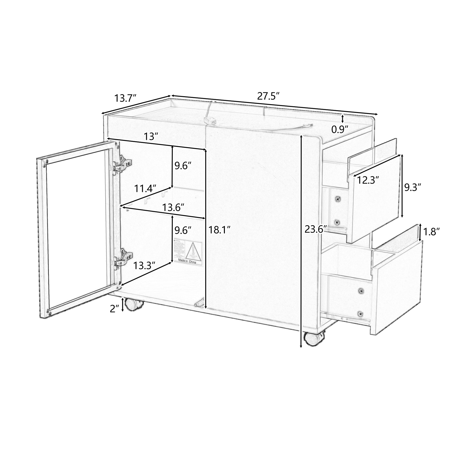 Modern End Table With Led Light And Wheels, Side Table With Transparent Brown Glass Door, 2 Storage Shelves And Drawers For Living Room, White White Mdf