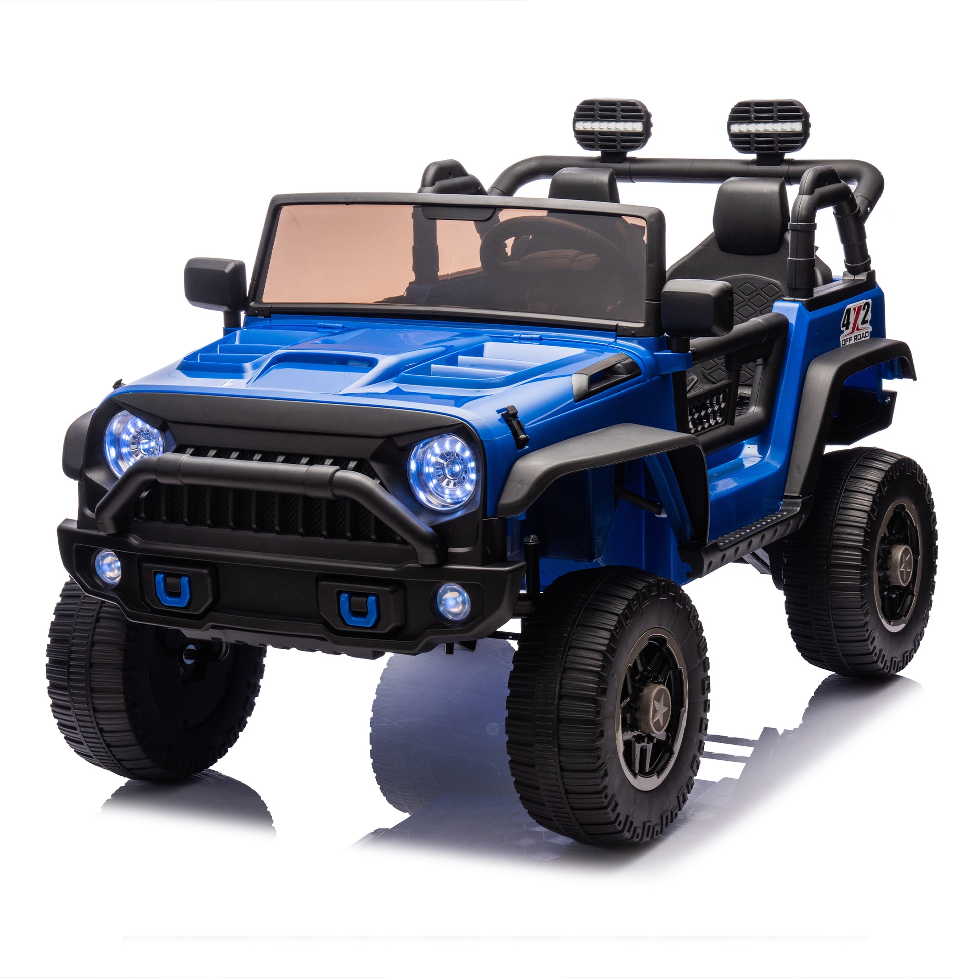 24V Two Seater Kids Ride On Truck Car W Parents Control,200W*2,Seat Width 20.28In,Four Wheel Suspension,Led Lights,Music,Mp3,Bluetooth,Two Independent Seat Belts,Suitable For Off Road For Kids Aged 3 Blue 100 149 Lbs Polypropylene