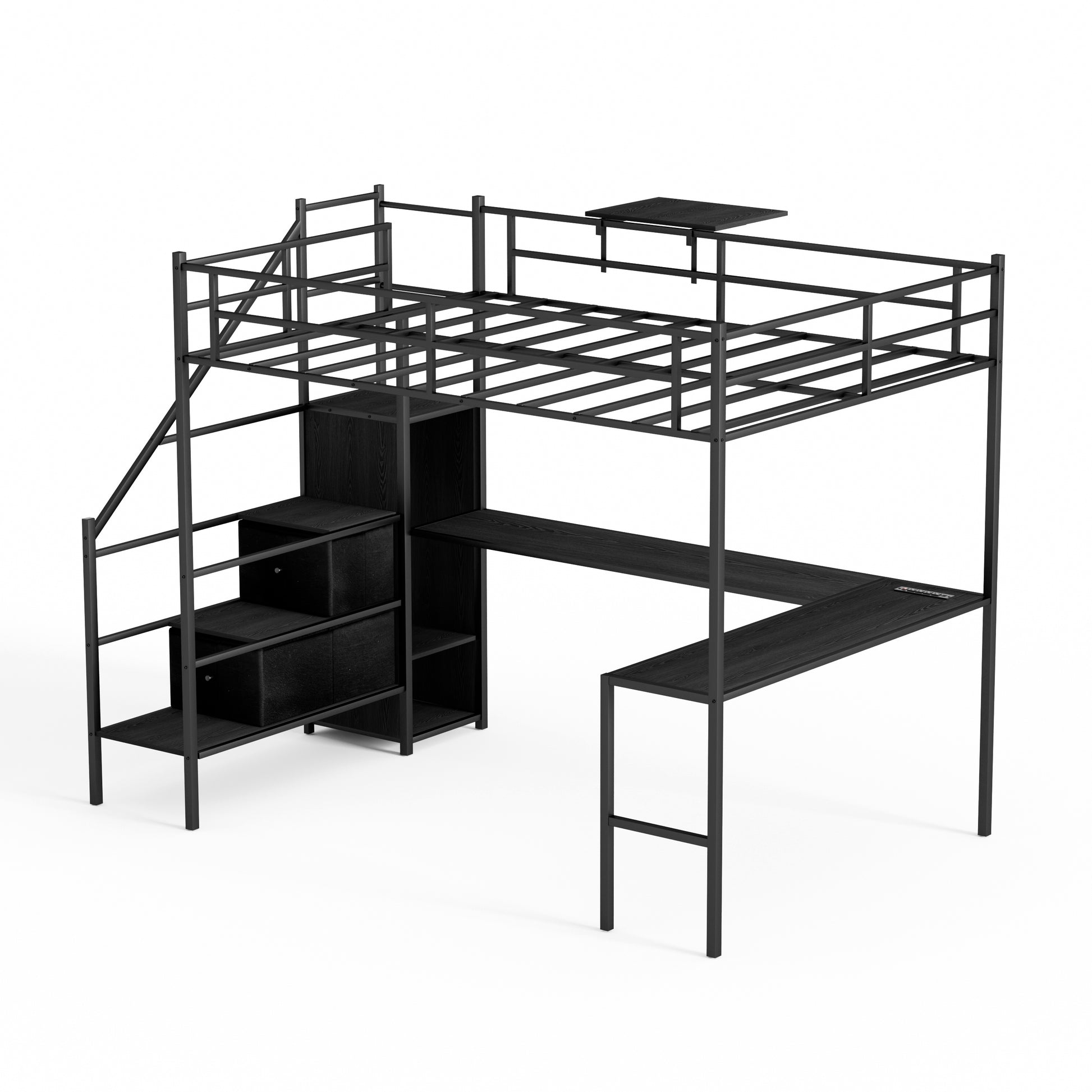 Full Size Metal Loft Bed With L Shaped Desk, Led Lights, Charging Cradle, Led Loft Bed Frame, Full Size Bed With One Cabinet Wardrobe And 2 Fabric Drawers, Safety Rails And Ladder, Black Black