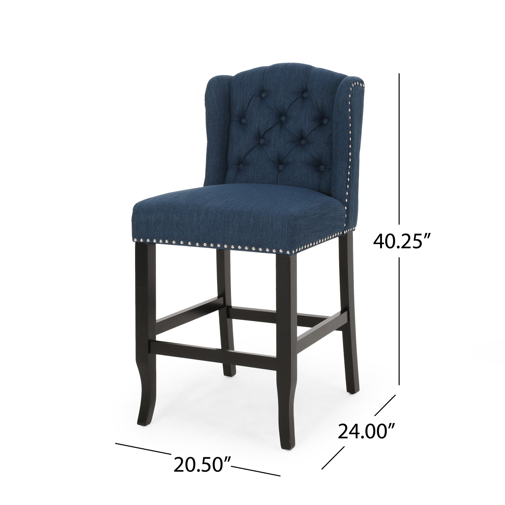 Vienna Contemporary Fabric Tufted Wingback 27 Inch Counter Stools, Set Of 2, Navy Blue And Dark Brown Navy Blue Fabric