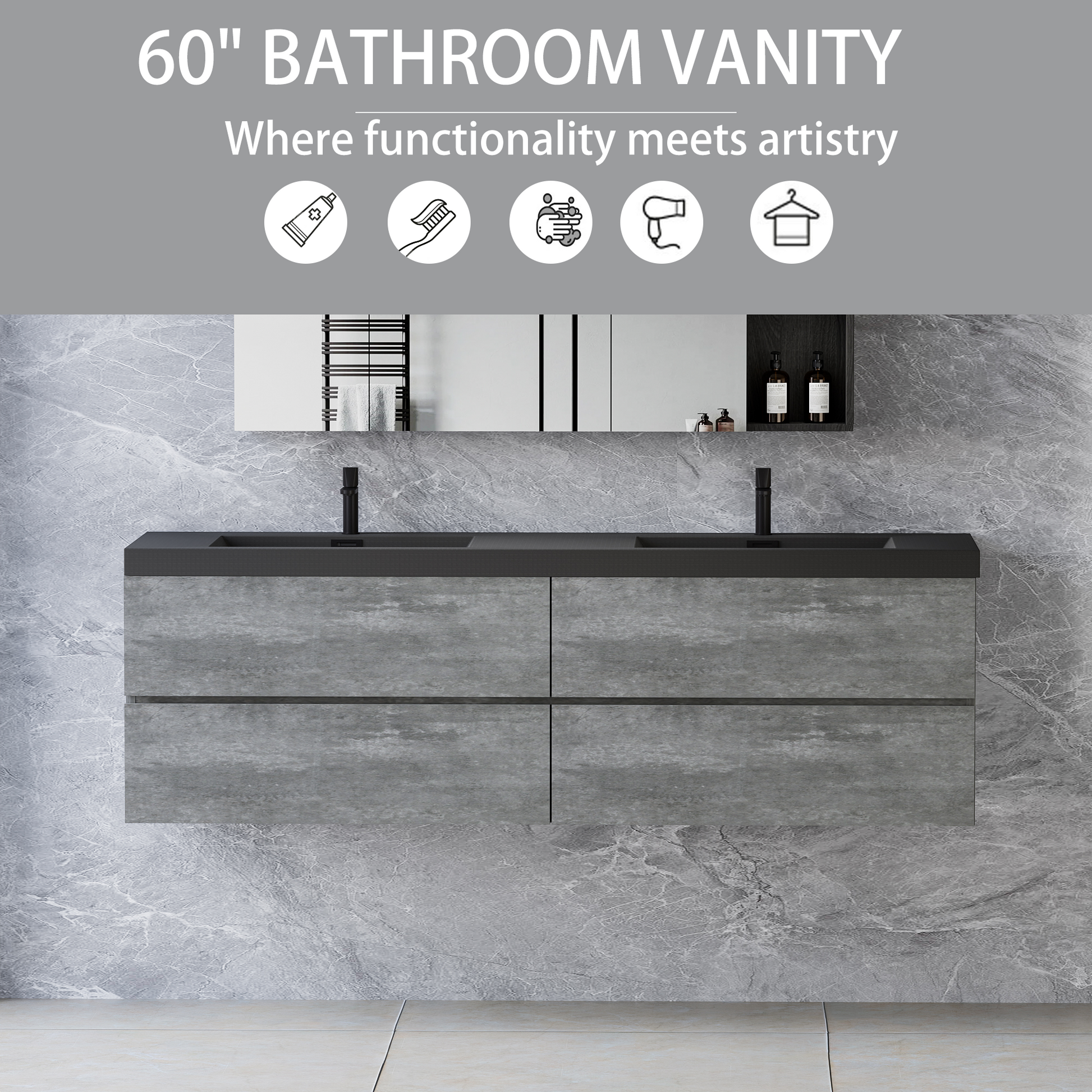 60" Floating Bathroom Vanity With Sink, Modern Wall Mounted Bathroom Storage Vanity Cabinet With Double Black Quartz Sand Top Basins And Four Soft Close Drawers, 24V12 60Gr Grey 4 Grey Wall Mounted Plywood