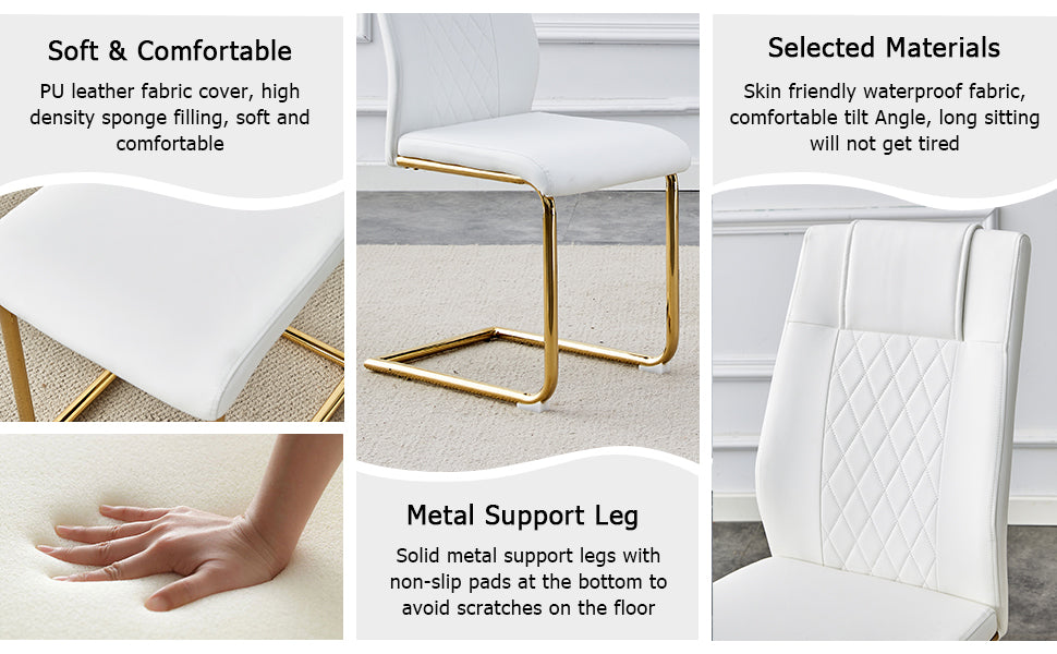 Table And Chair Set.Modern Rectangular Dining Table With Transparent Tempered Glass Tabletop And Gold Plated Metal Legs.Paried With 6 Comfortable Chairs With Pu Seats And Golden Metal Legs. Transparent,White Gold Seats 6 Glass Metal