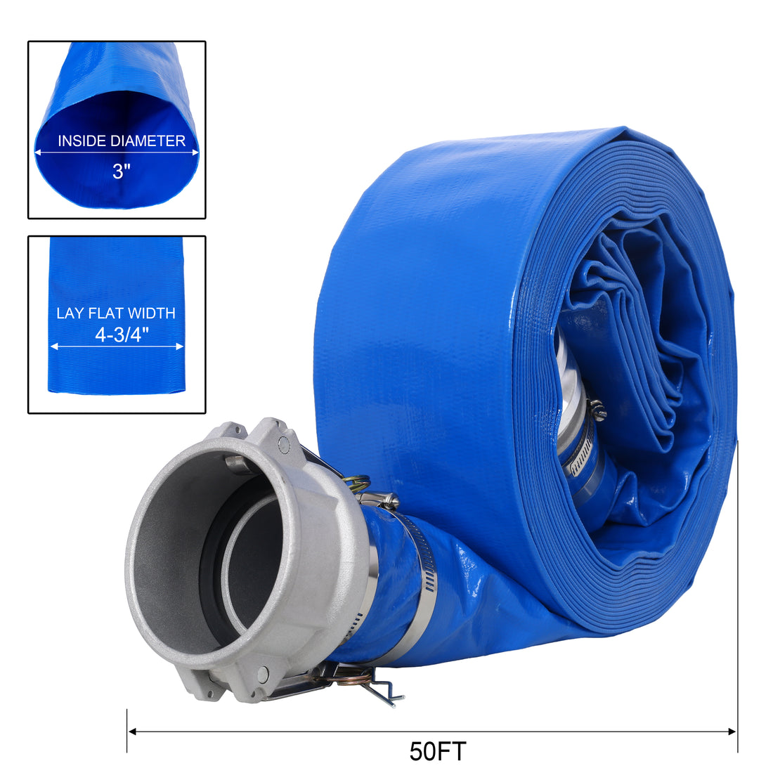 3"X50Ft Pool Backwash Hose, Heavy Duty Reinforced Blue Pvc Lay Flat Water Discharge Pump Hoses For Swimming Drain Pools And Clean Filters, With Aluminum Camlock C And E Fittings Blue Pvc