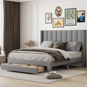 Queen Size Storage Bed Velvet Upholstered Platform Bed With A Big Drawer Gray Old Sku:Wf296854Aae Queen Gray Velvet