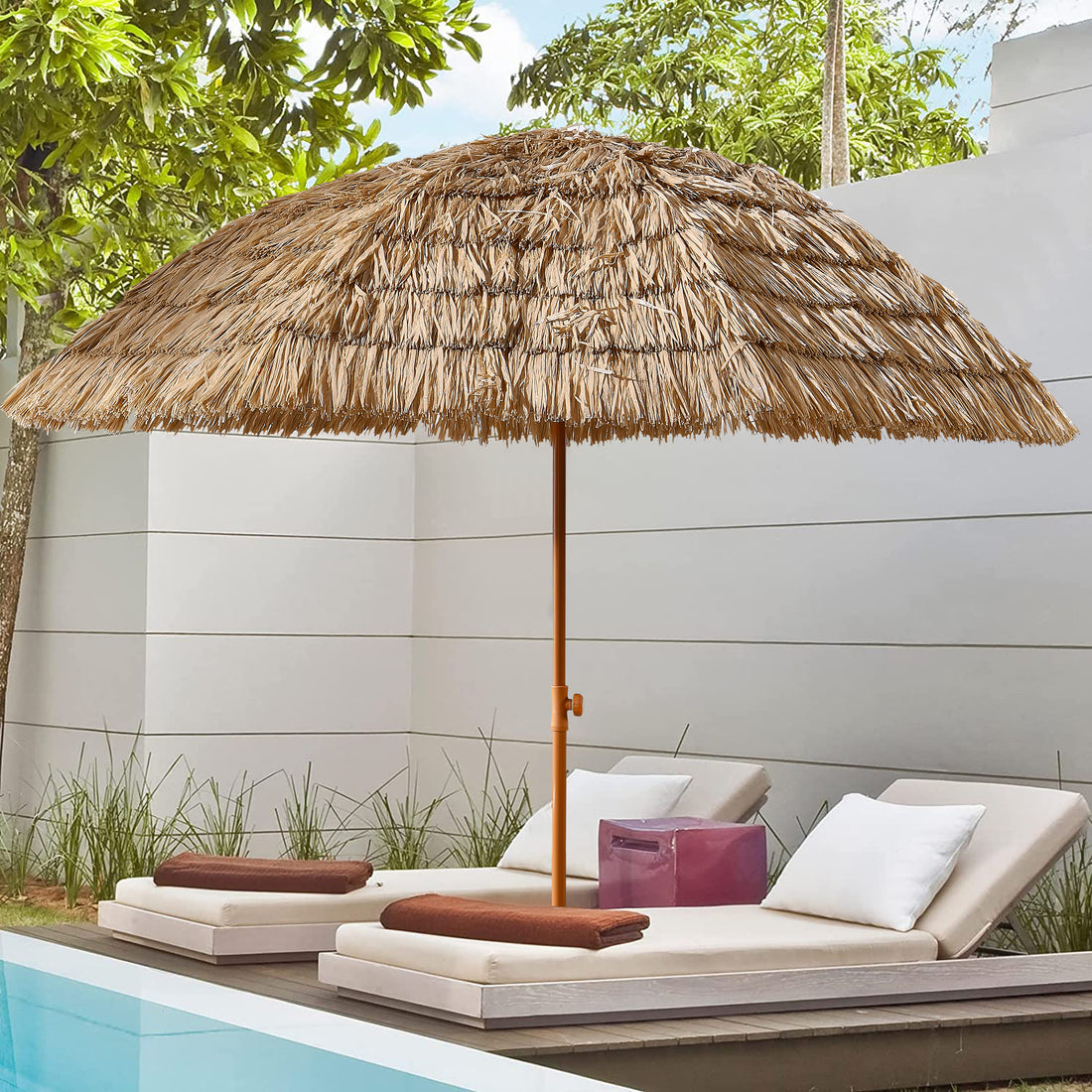 8'Thatch Patio Tiki Umbrella Tropical Palapa Raffia Tiki Hut Hawaiian Hula Beach Umbrella,Straw Umbrella Brown Half Circle No Foundation Needed Manual Garden & Outdoor Beach Year Round Use Gazebos Polyethylene Anchored Oxford Fabric