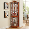 Glass Cabinet Lighted Corner Cabinet Corner Display Curio Cabinet, Glass Display With Light Included Bar Cabinet,Wine Cabinet With Adjustable Glass Shelves Carved Decoration Oak Light Included Oak