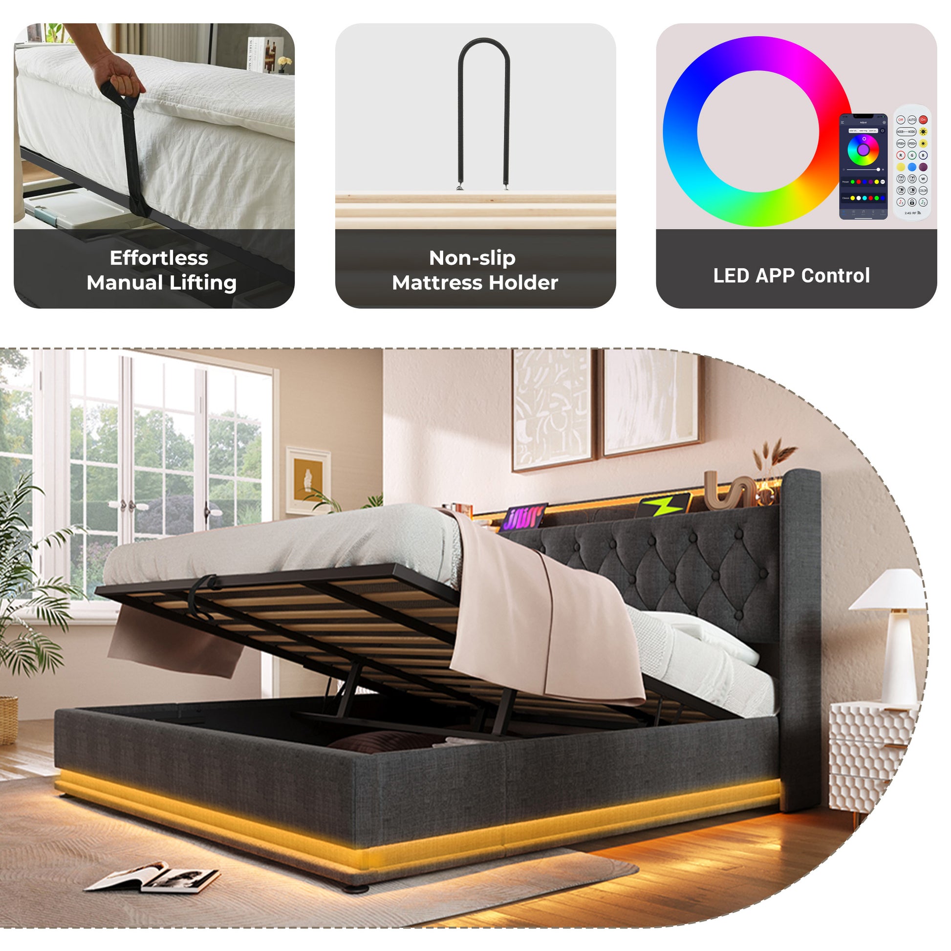 King Size Upholstered Bed, 360 Surround Led Function, Buttons Apps Remote Control, Hydraulic Storage Bed With Usb Type C Charging, Gray,Linen Without Mattress King Gray Linen