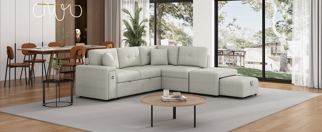 86.6" Sectional Sofa L Shaped Sofa Couch Pull Out Sofa Bed With A Movable Ottoman, Two Usb Ports And Two Cup Holders For Living Room, Gray Grey Foam Chenille 4 Seat