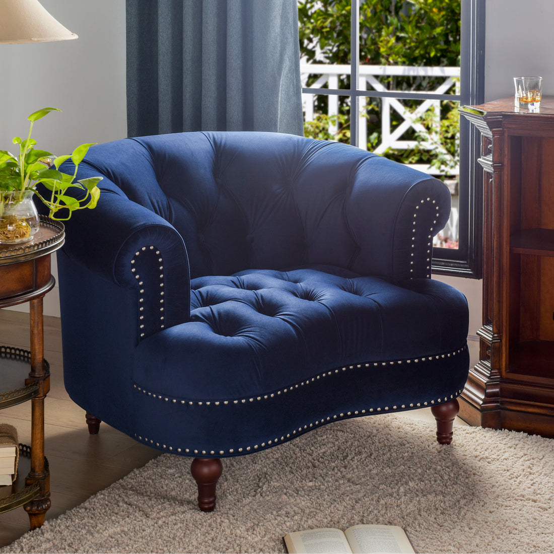 La Rosa Victorian Tufted Upholstered Accent Chair, Navy Blue Velvet Navy Blue Foam Velvet