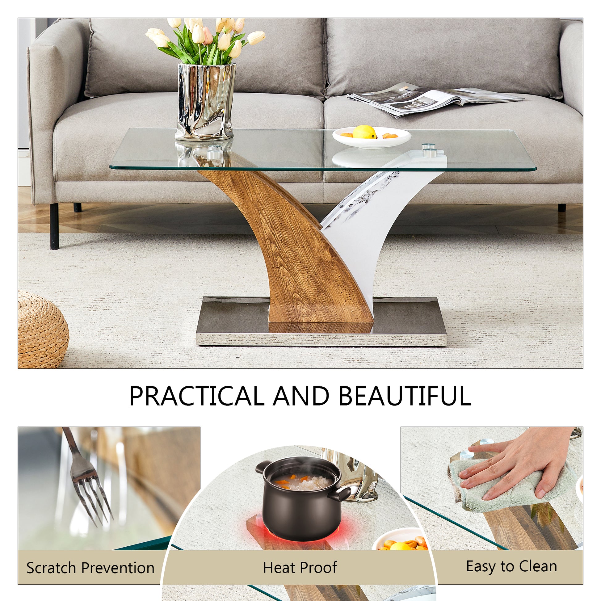 Rectangular Coffee Table.Tempered Glass Countertop, And Artistic Mdf Legs,Perfect For Hosting Dinners, Conferences, Home, And Office Decorations.White And Wood,Dining Table,Tea Table.Coffee Table.