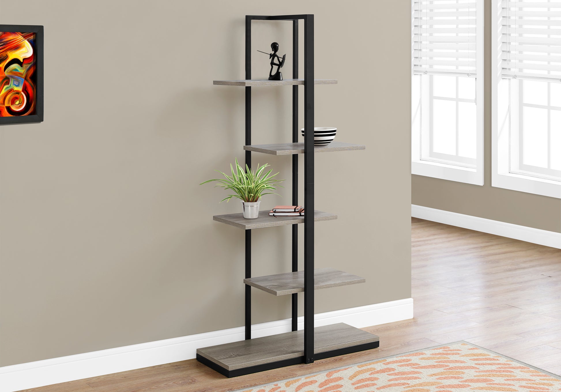 Bookshelf, Bookcase, Etagere, 5 Tier, 60"H, Office, Bedroom, Brown Laminate, Black Metal, Contemporary, Modern Taupe Mdf