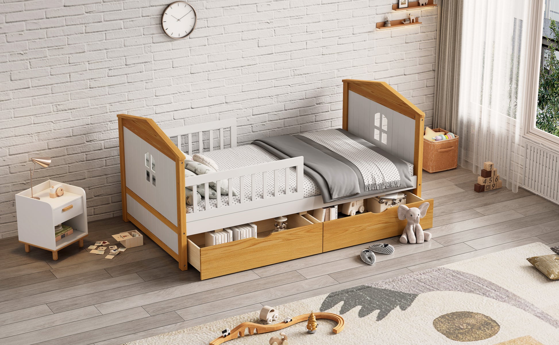 Twin Size House Shape Bed With Two Drawers Wooden Bed For Girls Boys Teens, No Box Spring Needed, Walnut And White Box Spring Not Required Twin White Walnut Wood Bedroom Cute Pine Bed Frame Wood