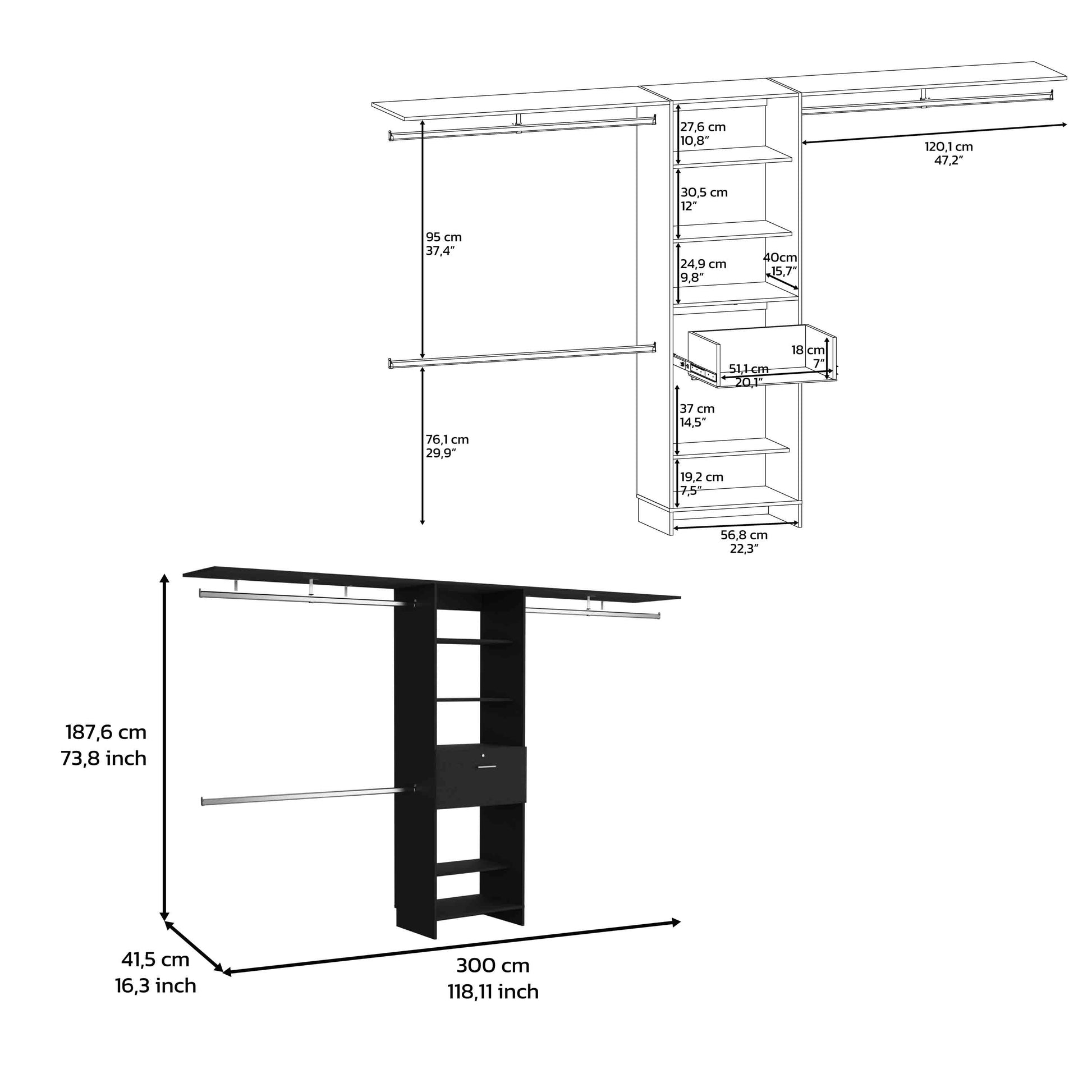 Closet System 70"W 118"W, Three Hanging Rods, Five Shelves, One Drawer, Black Black Solid Wood Mdf Engineered Wood