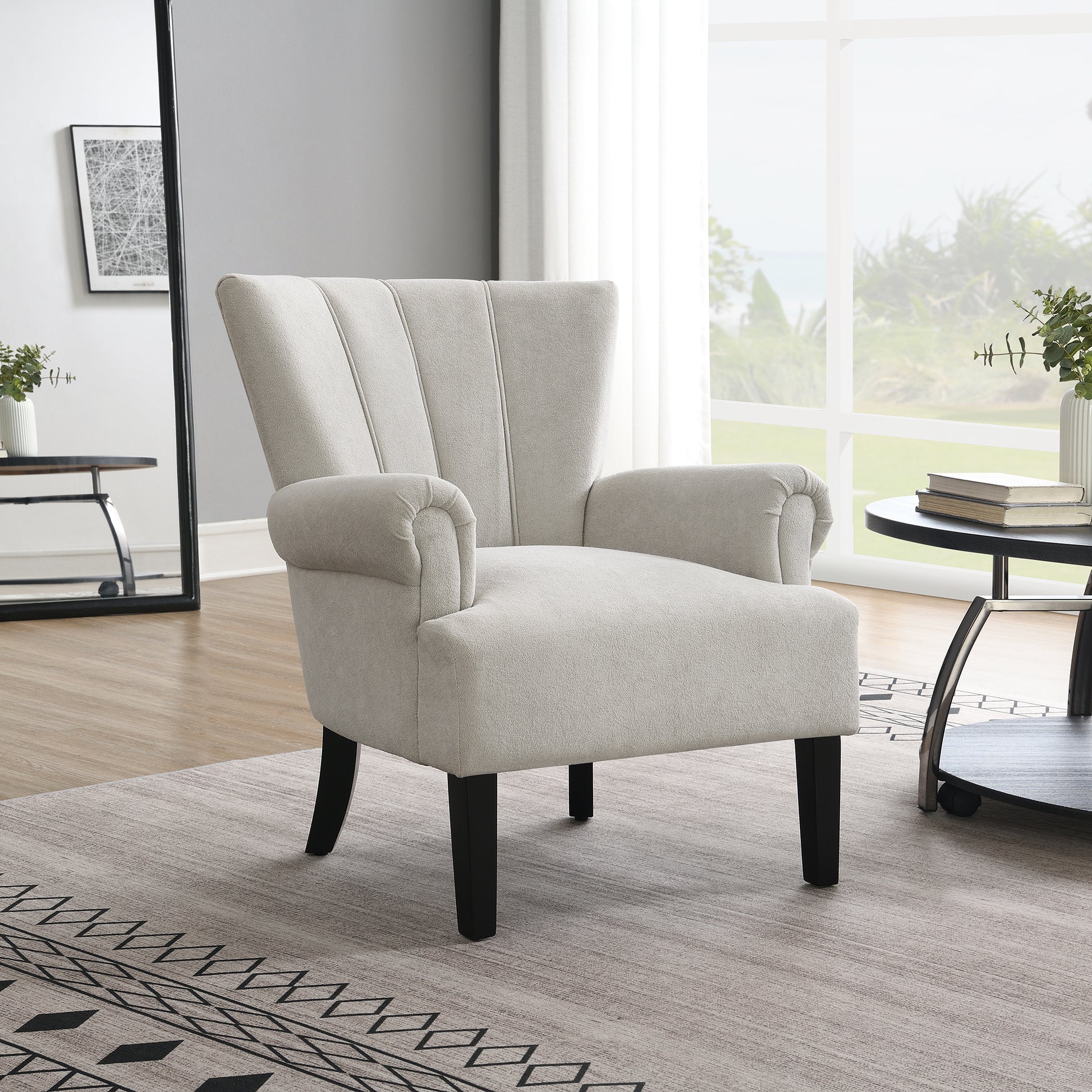 Modern Accent Living Room Chairs,Polyester Armchair Club Chair With Channel Back, Accent Chair For Living Room, Bedroom Reading Room, Soft Fabric, Wooden Leg, Light Grey Grey Primary Living Space Modern Foam Plywood