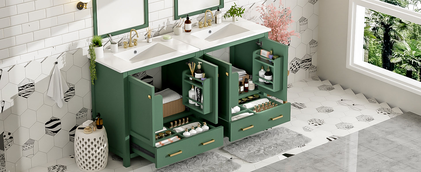 60" Green Bathroom Vanity Set With Double Vanities Separate , Double Ceramic Sinks, Storage Shelf, And Divided Drawers Mirror Not Included Modern Bathroom Solution For Spacious Bathrooms Green