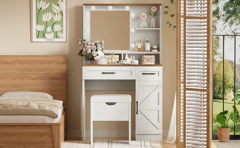 Farmhouse Makeup Vanity Desk With Mirror And Lights, 3 Lighting Modes, Vanity Set With Stool, Dressing Table With Adjustable Shelves,2 Drawers And Side Cabinet For Bedroom, White Brown White Bedroom