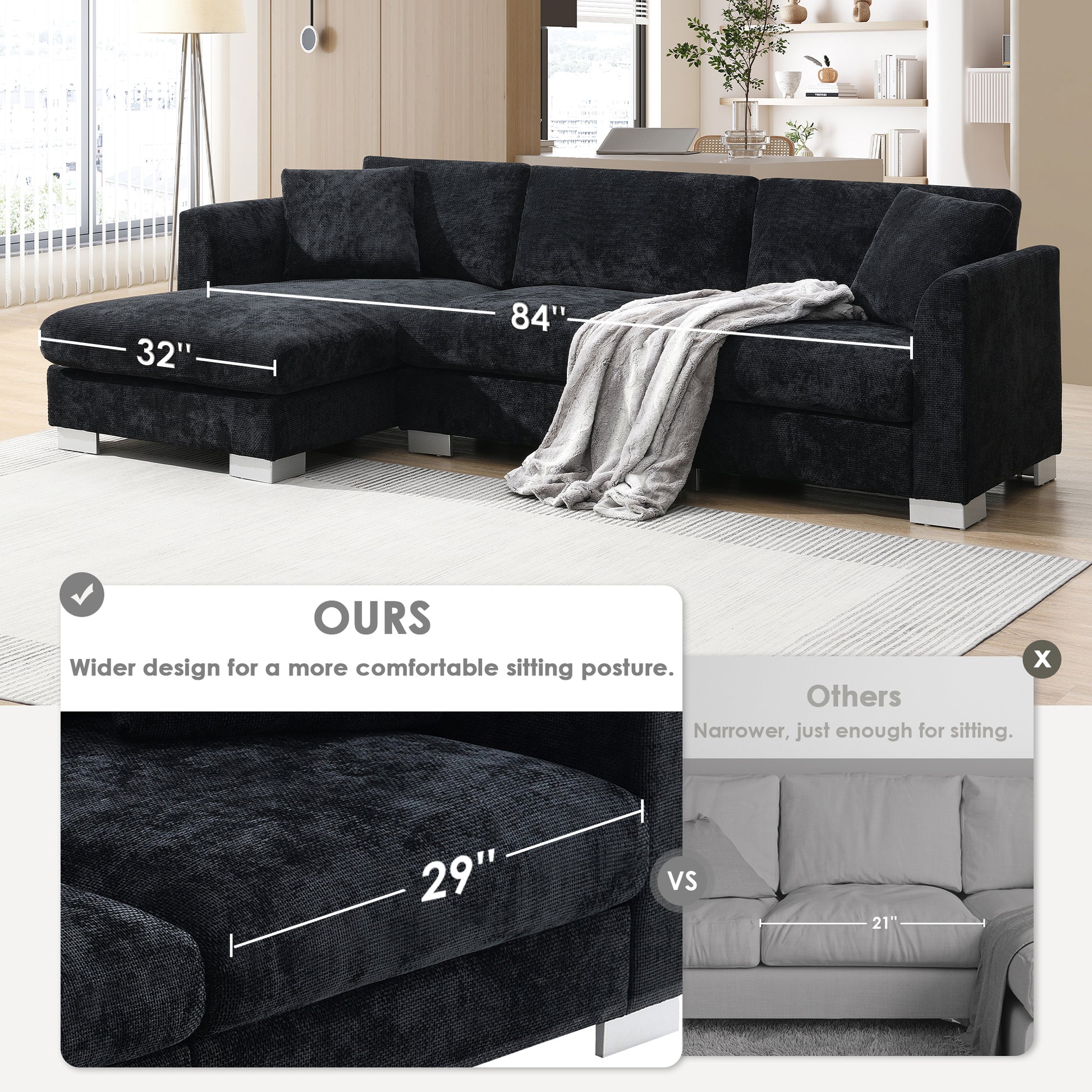 96*56" Modern Cloud Sectional Sofa,L Shaped Luxury Couch Set With 2 Free Pillows,4 Seat Chenille Indoor Furniture With Oversized Chaise For Living Room,Apartment,Office,3 Colors Black Chenille 4