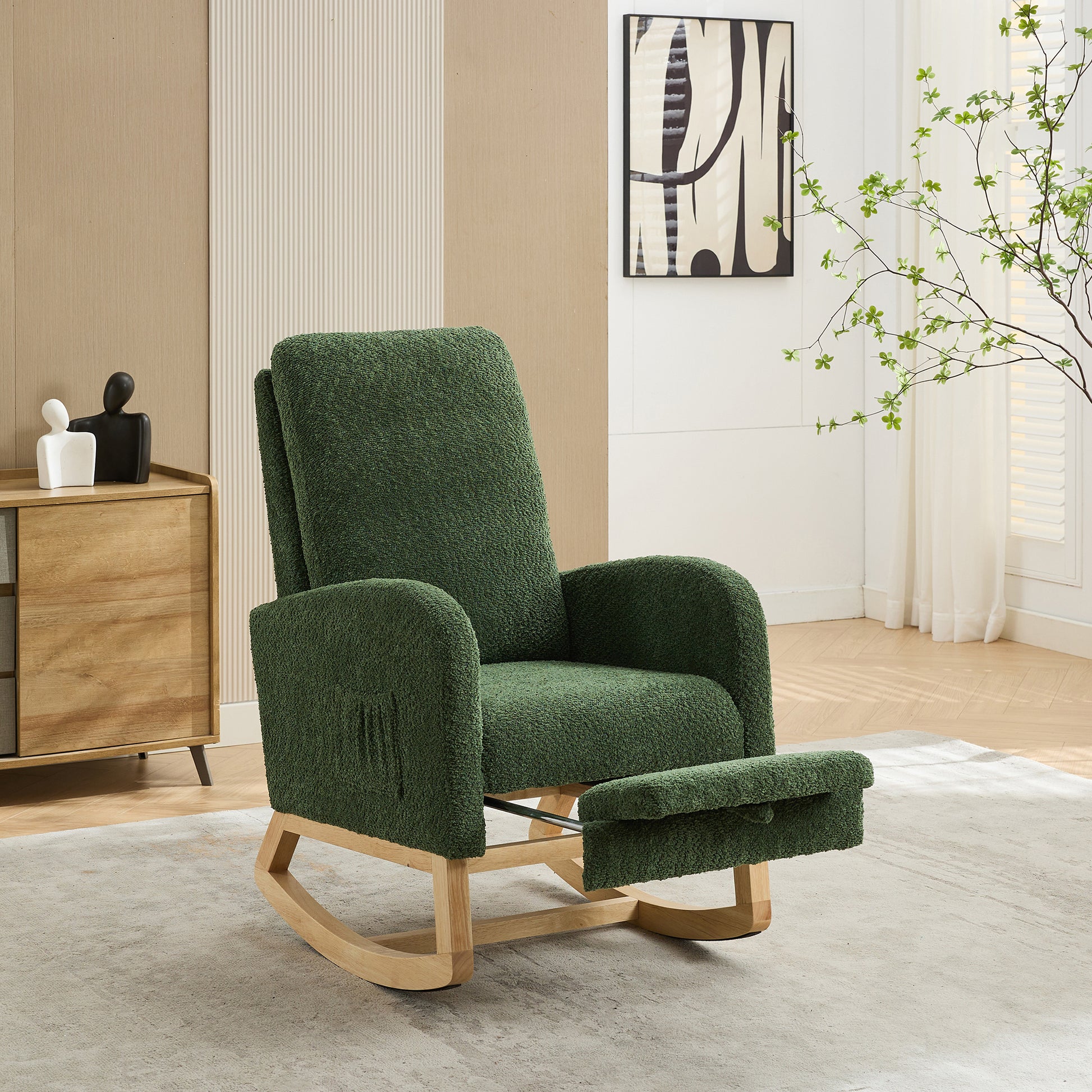 25.4"W Rocking Chair For Nursery, High Back Glider Chair With Retractable Footrest, Side Pocket, Rocking Accent Armchair With Rubber Wood Legs For Living Room Bedroom.Green Green Boucle