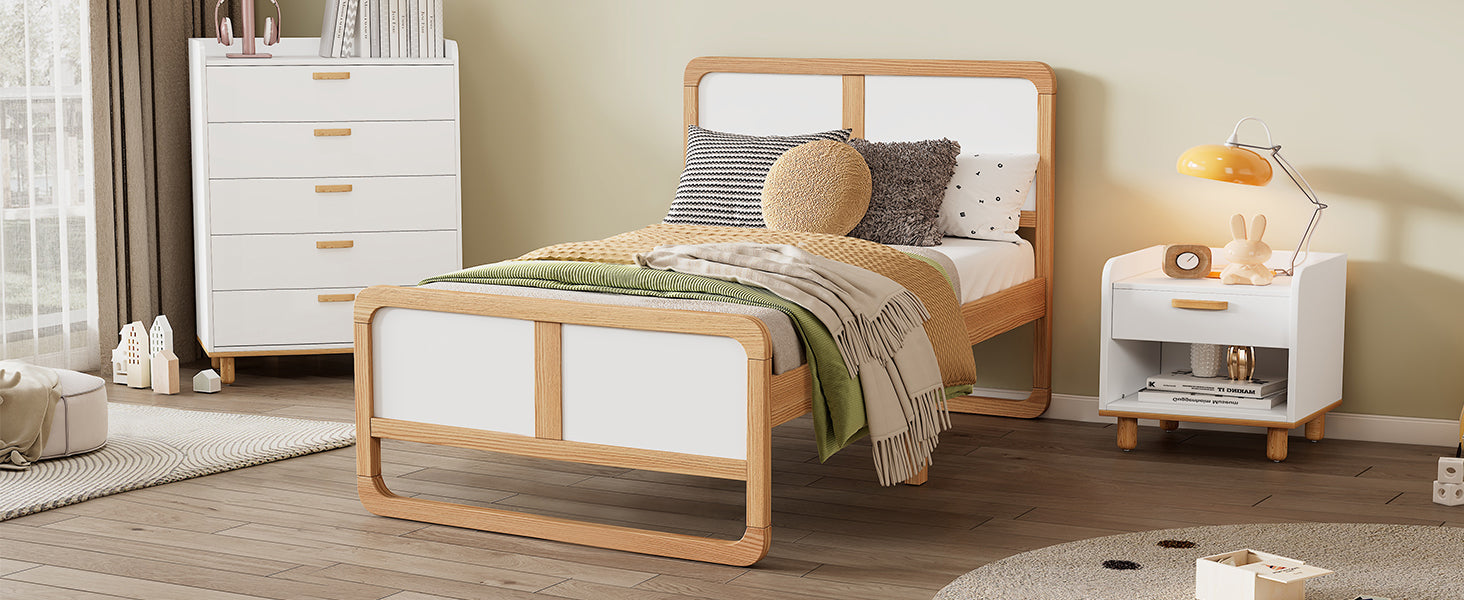 Modern Style Twin Size Solid Wood Platform Bed For Kids, Teens, Adults, No Need Box Spring, Walnut And White Box Spring Not Required Twin White Walnut Wood Bedroom Modern Pine Bed Frame Wood