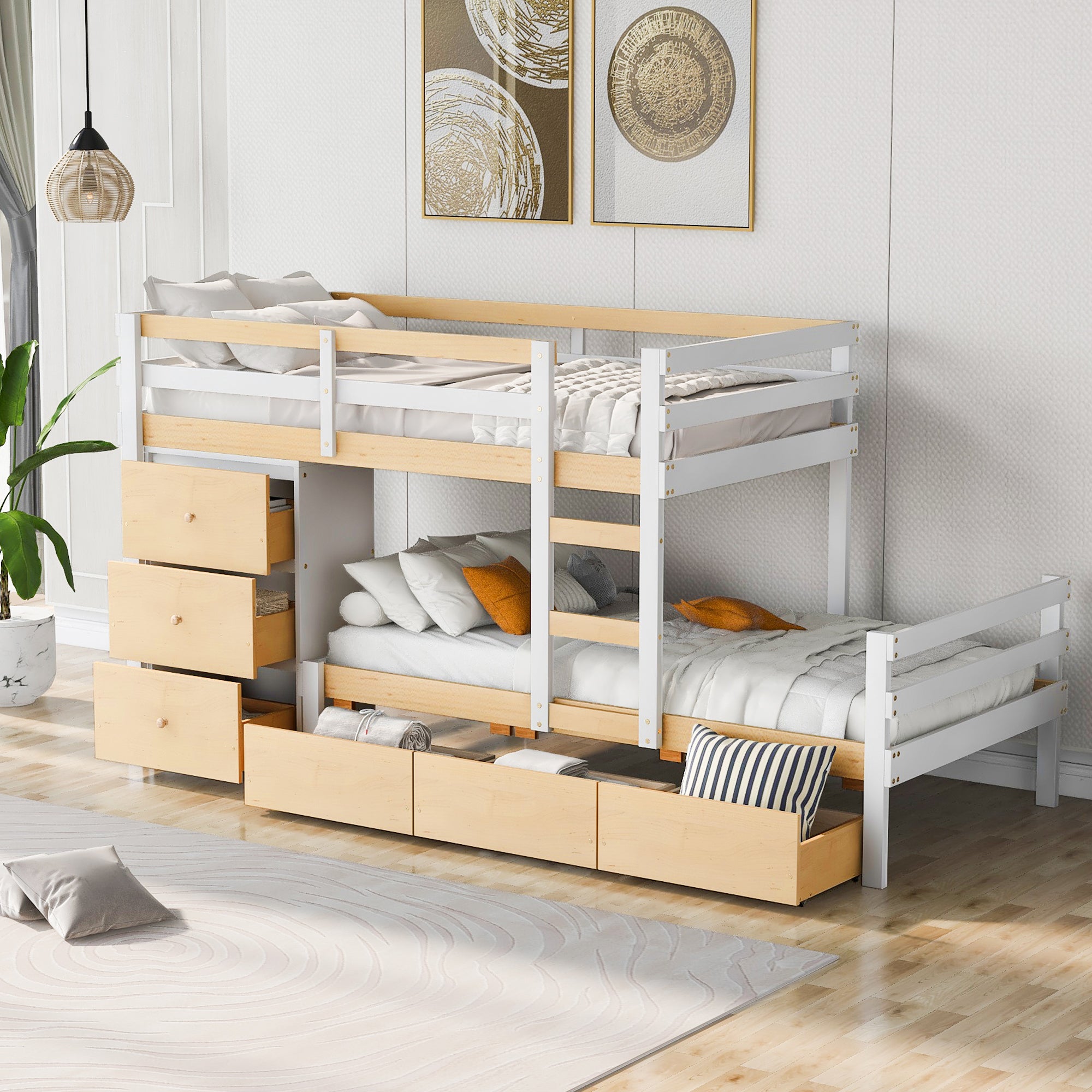 Twin Over Twin Loft Bunk Bed With Drawers And Ladder, Natural Twin Natural Pine