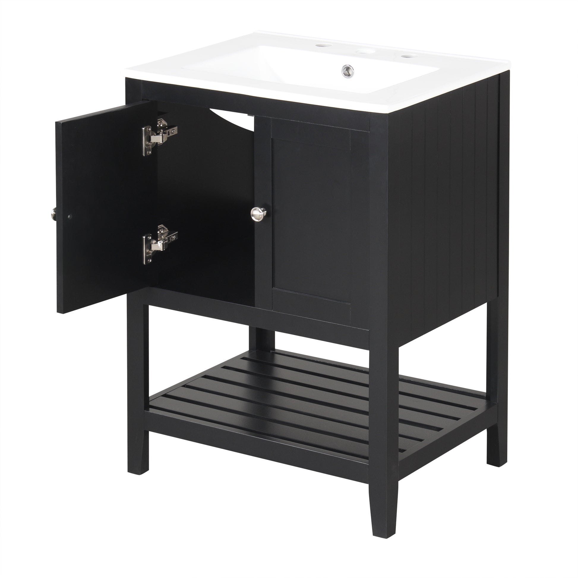 Video 24" Black Modern Sleek Bathroom Vanity Elegant Ceramic Sink With Solid Wood Frame Open Style Shelf Black Solid Wood Mdf