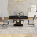Table And Chair Set, Minimalist Dining Table, Imitation Marble Patterned Glass Tabletop, Mdf Legs With U Shaped Brackets. Paired With Comfortable Chairs, Suitable For Dining And Living Rooms. Black Mdf Glass