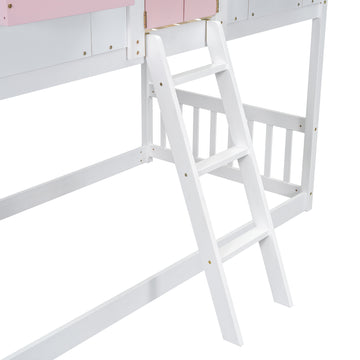 Twin Over Twin House Bunk Bed With Roofwindow, Window Box, Doorwith Safety Guardrails And Ladder, Pink White Twin Pink White Pine