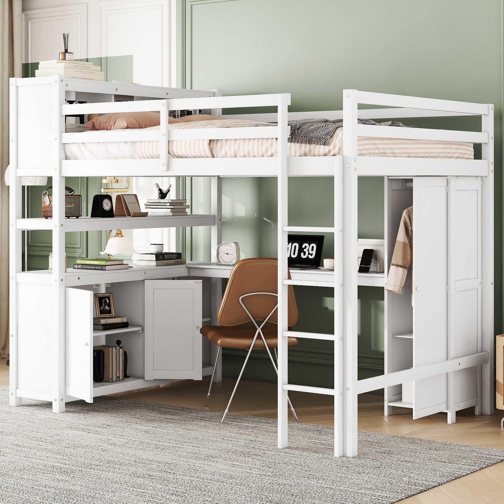 Wood Loft Bed With Cabinet And Bookshelf, Full Size Loft With Wardrobe And Desk For Kids,White Expect Arrival Date 2024 8 25 Full White Pine