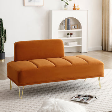 56.3"Inch Modern End Of Bed Bench,Velvet Fabric Upholstered 2Seater Sofa Couch Entryway Ottoman Bench, Fuzzy Sofa Stool Footrest ,Window Bench With Gold Metal Legs For Bedroom, Living Room,Orange