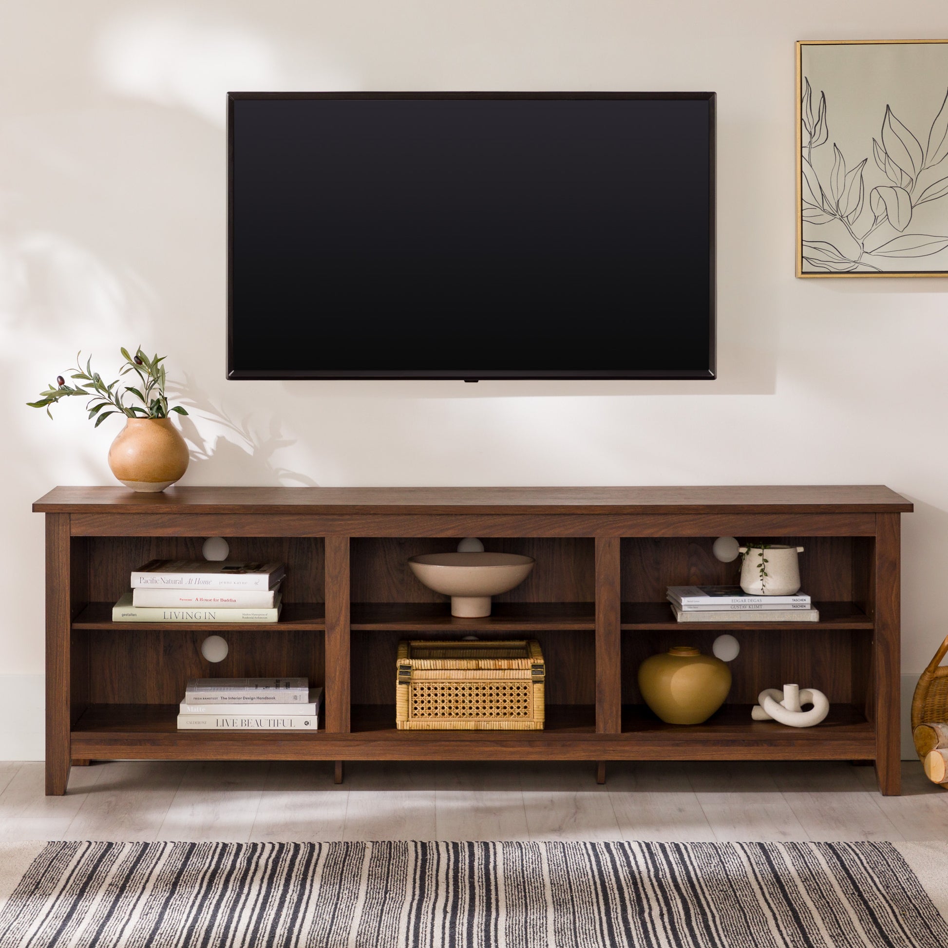 Modern Transitional 3 Shelf Open Storage 70" Tv Stand For 80" Tvs Dark Walnut Dark Brown Mdf