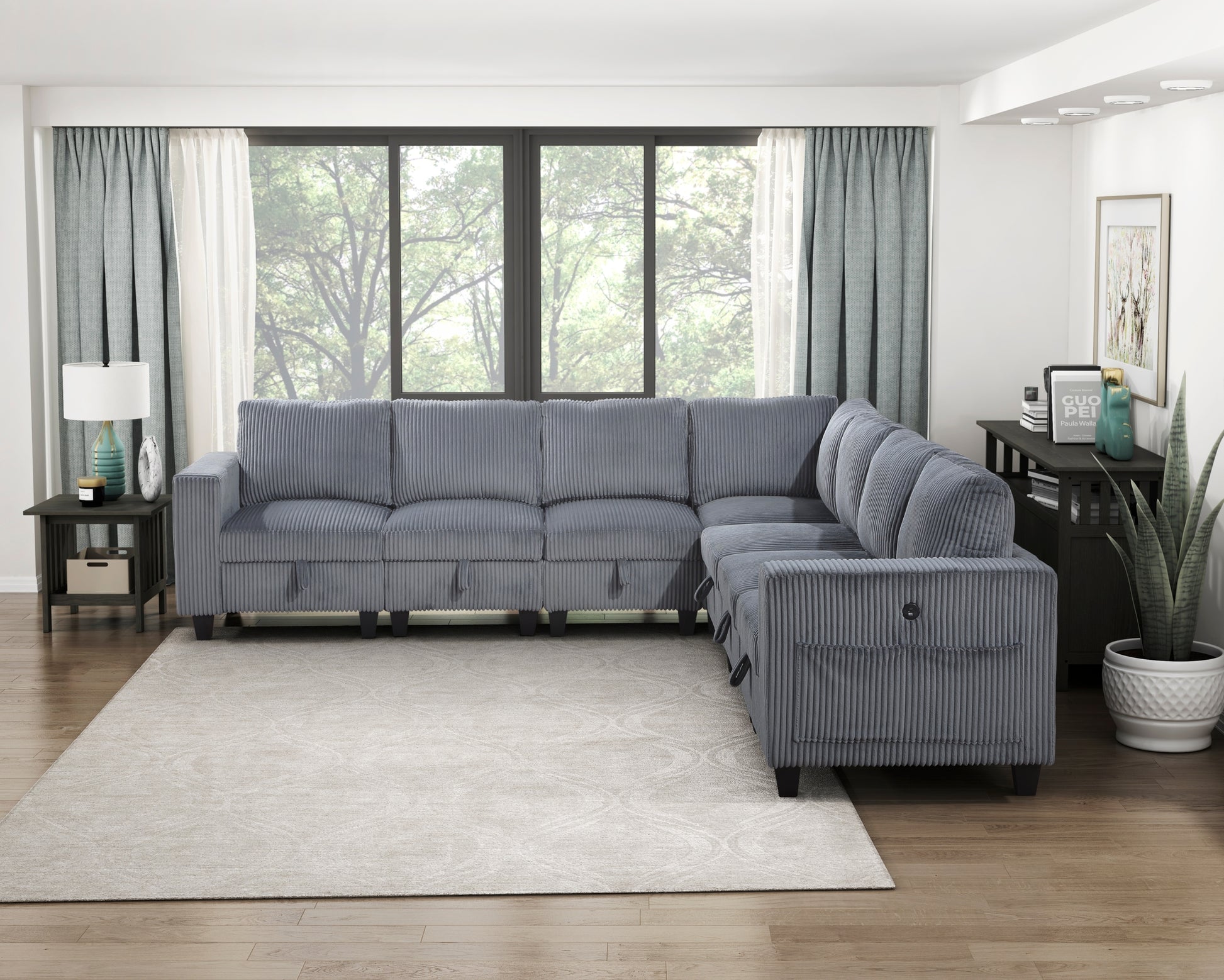 Modern Living Room Furniture Dark Gray Corner Seat With Storage Corduroy Fabric Upholstery 1Pc Modular Piece Dark Gray Primary Living Space Contemporary,Modern Solid Wood