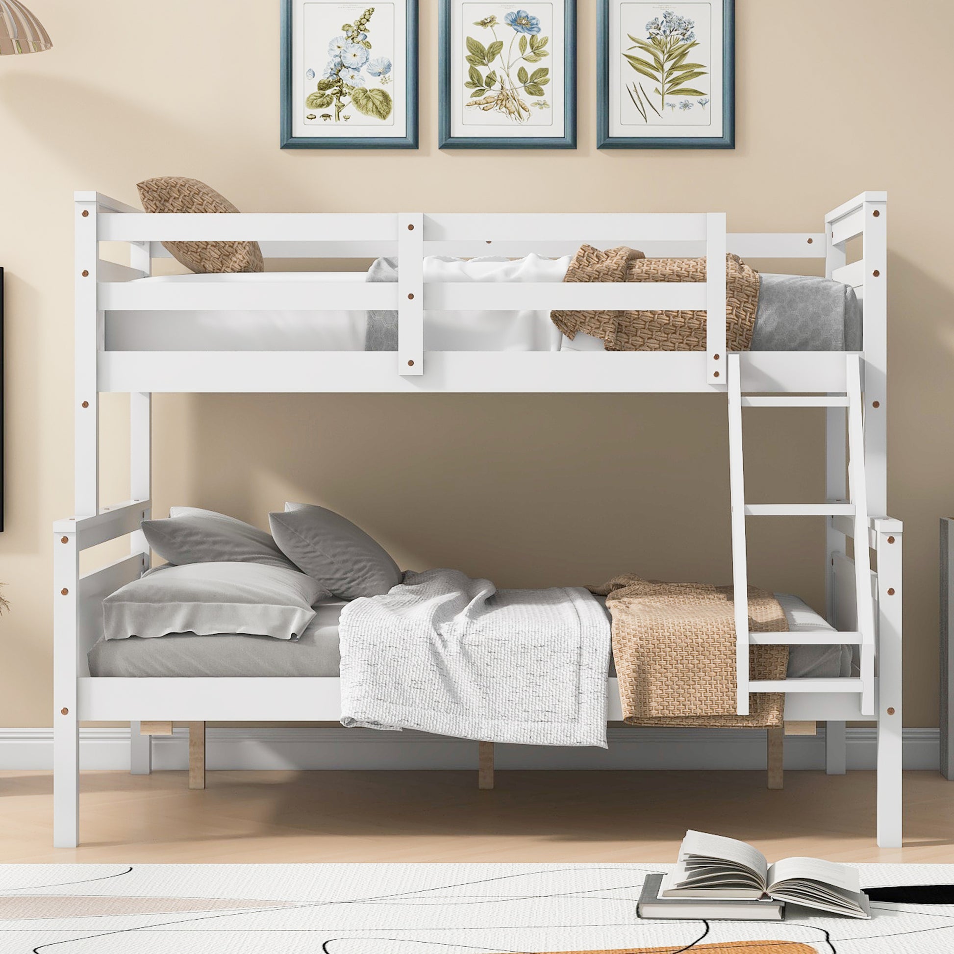 Twin Over Full Bunk Bed With Ladder, Safety Guardrail, Perfect For Bedroom, White Box Spring Not Required Twin White Wood Bedroom Bunk Pine