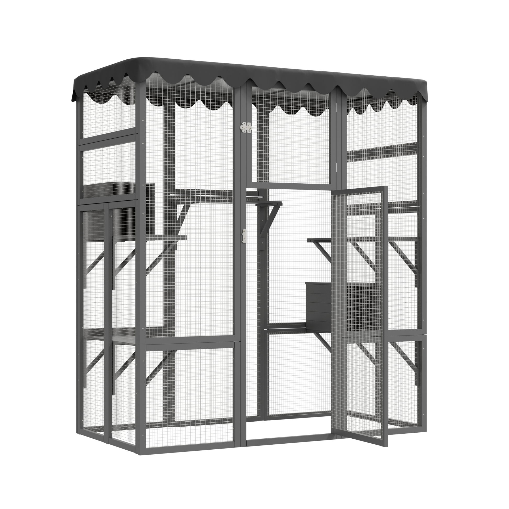 Outdoor Cat House Big Catio Wooden Feral Cat Shelter Enclosure With Large Spacious Interior, 6 High Ledges, Weather Protection Asphalt Roof Grey Wood