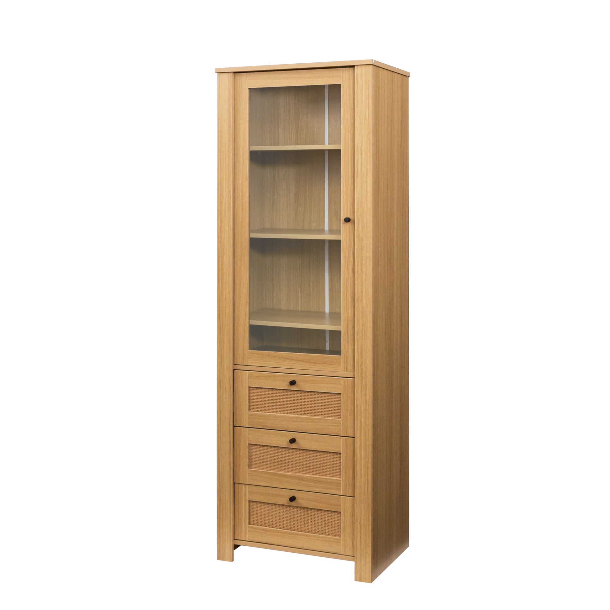 Rattan Door Bookshelf Display Case With Drawer Finish Open Storage Shelves Bookcase Oak Mdf