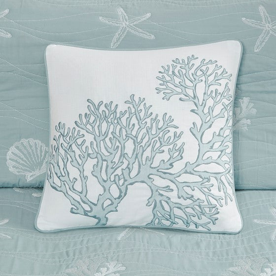 4 Piece Cotton Reversible Embroidered Quilt Set With Throw Pillow Aqua Full Queen Full Aqua Cotton