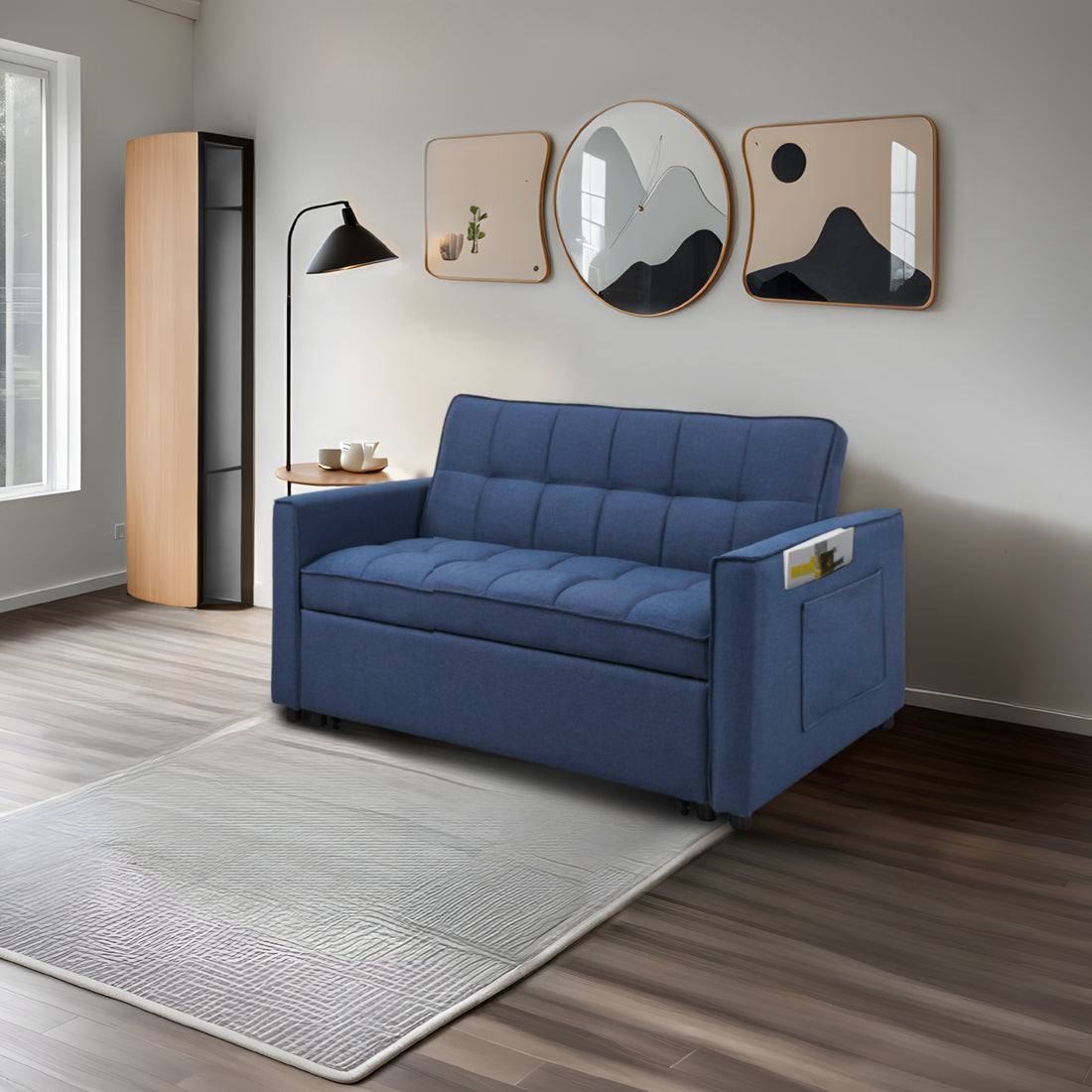 Stylish Blue Pull Out Sofa Bed With Woven Polyester Fabric & Solid Wood Frame Blue Polyester 2 Seat