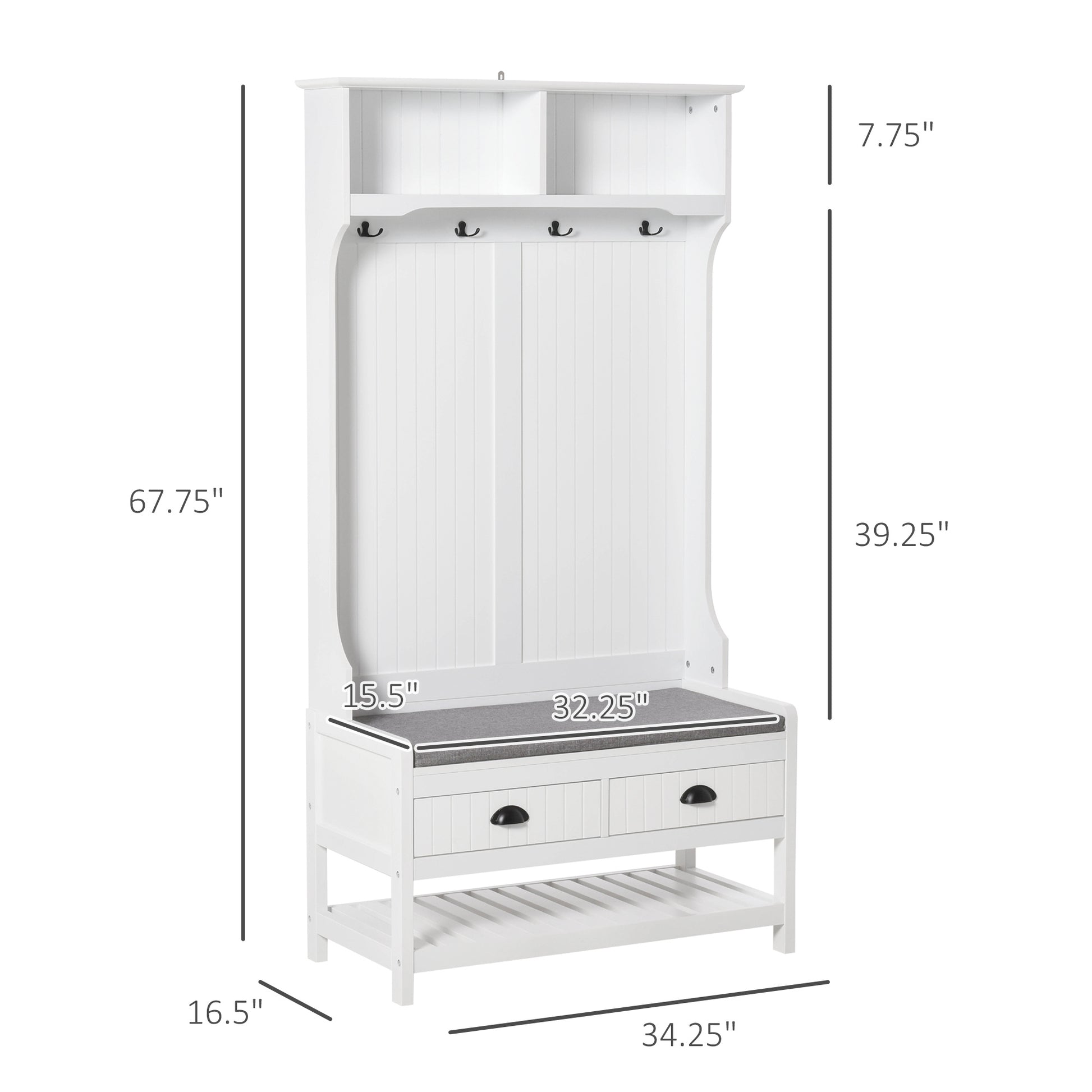 Homcom 3 In 1 Hall Tree, Entryway Bench With Coat Rack, Mudroom Bench With Shoe Rack, 2 Storage Drawers, 4 Hooks And Padded Seat Cushions For Hallway, White White Mdf