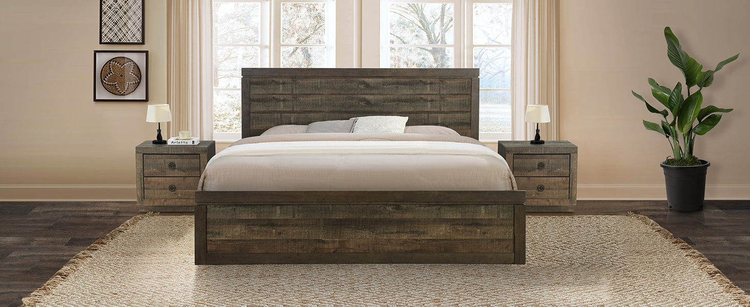 3 Pieces Vintage Farmhouse Style King Size Platform Bed With 10 Wooden Slats Support 2 Nightstands, No Box Spring Needed, Rustic Brown Box Spring Not Required King Rustic Brown Wood 3 Piece Set Bedroom Traditional Plywood
