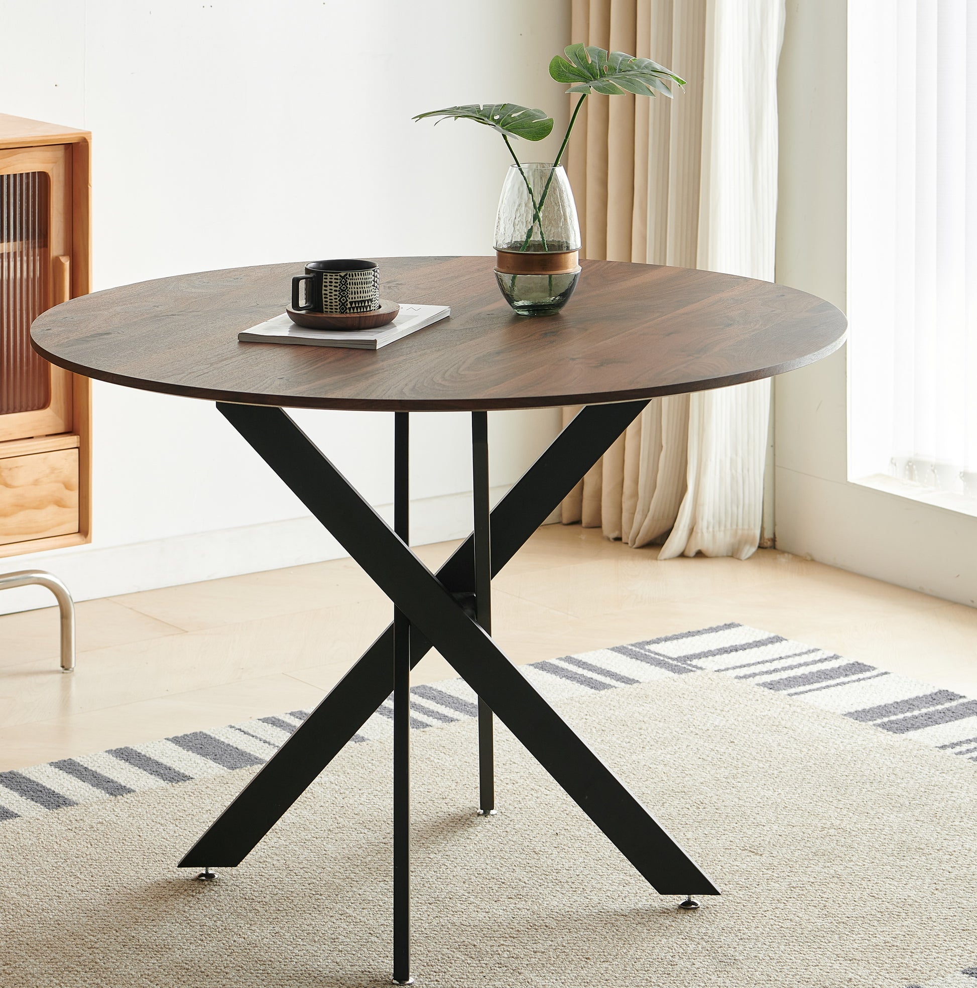 42.1"Black And Wood Color Table Mid Century Dining Table For 4 6 People With Round Mdf Table Top, Pedestal Dining Table, End Table Leisure Coffee Table,Cross Leg Matte Black Natural Kitchen & Dining Tables Mdf