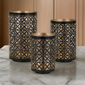 Set Of 3 Rounded Iron Candle Holder Lanterns, Matte Black Gold Latticework Black Gold Iron