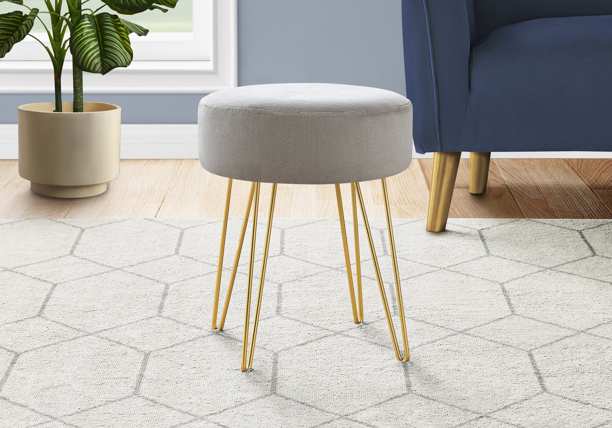 Ottoman, Pouf, Footrest, Foot Stool, 14" Round, Grey Fabric, Gold Metal Legs, Contemporary, Modern Grey Foam Polyester