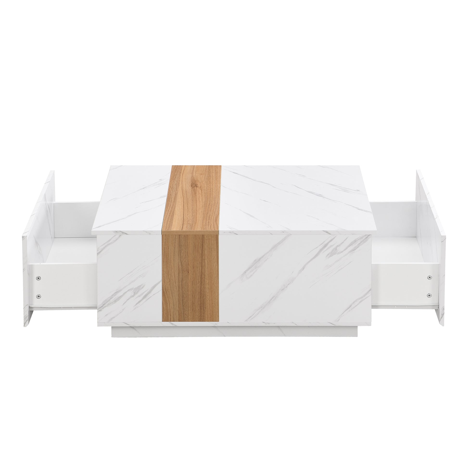 Modern 35.4 X 23.6 Inch Two Tone Coffee Table With Faux Marble And Walnut Wood Grain Finish, Rectangular Center Table With 2 Storage Drawers, Practical Cocktail Table For Living Room, White White Primary Living Space Drawers Rectangular Particle Board