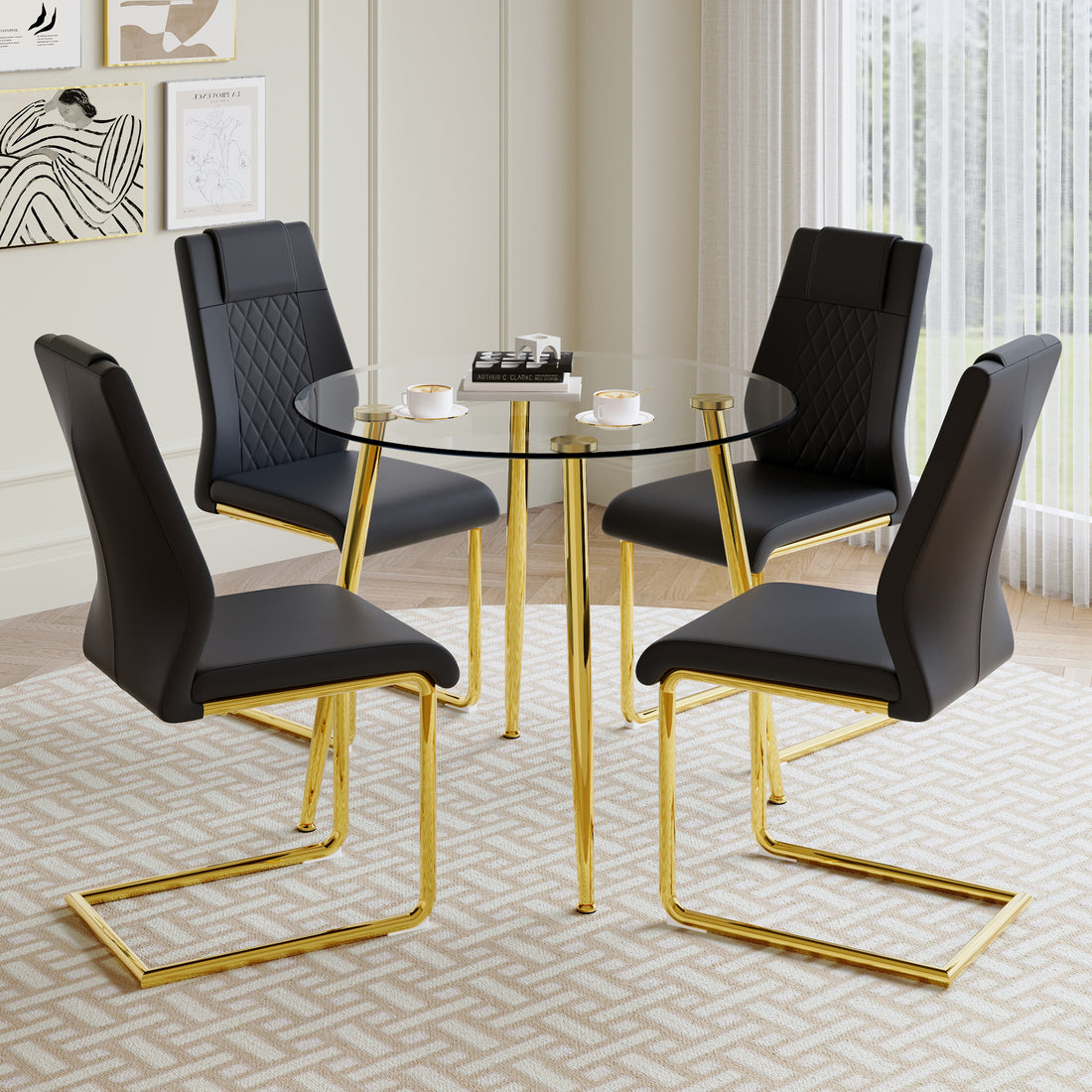 A Modern Minimalist Style Round Transparent Tempered Glass Table With Gold Metal Legs, Paired With 4 Modern Pu Leather High Back Dining Chairs,Bringing A Luxurious Experience. Black Seats 4 Glass Metal