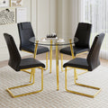 A Modern Minimalist Style Round Transparent Tempered Glass Table With Gold Metal Legs, Paired With 4 Modern Pu Leather High Back Dining Chairs,Bringing A Luxurious Experience. Black Seats 4 Glass Metal