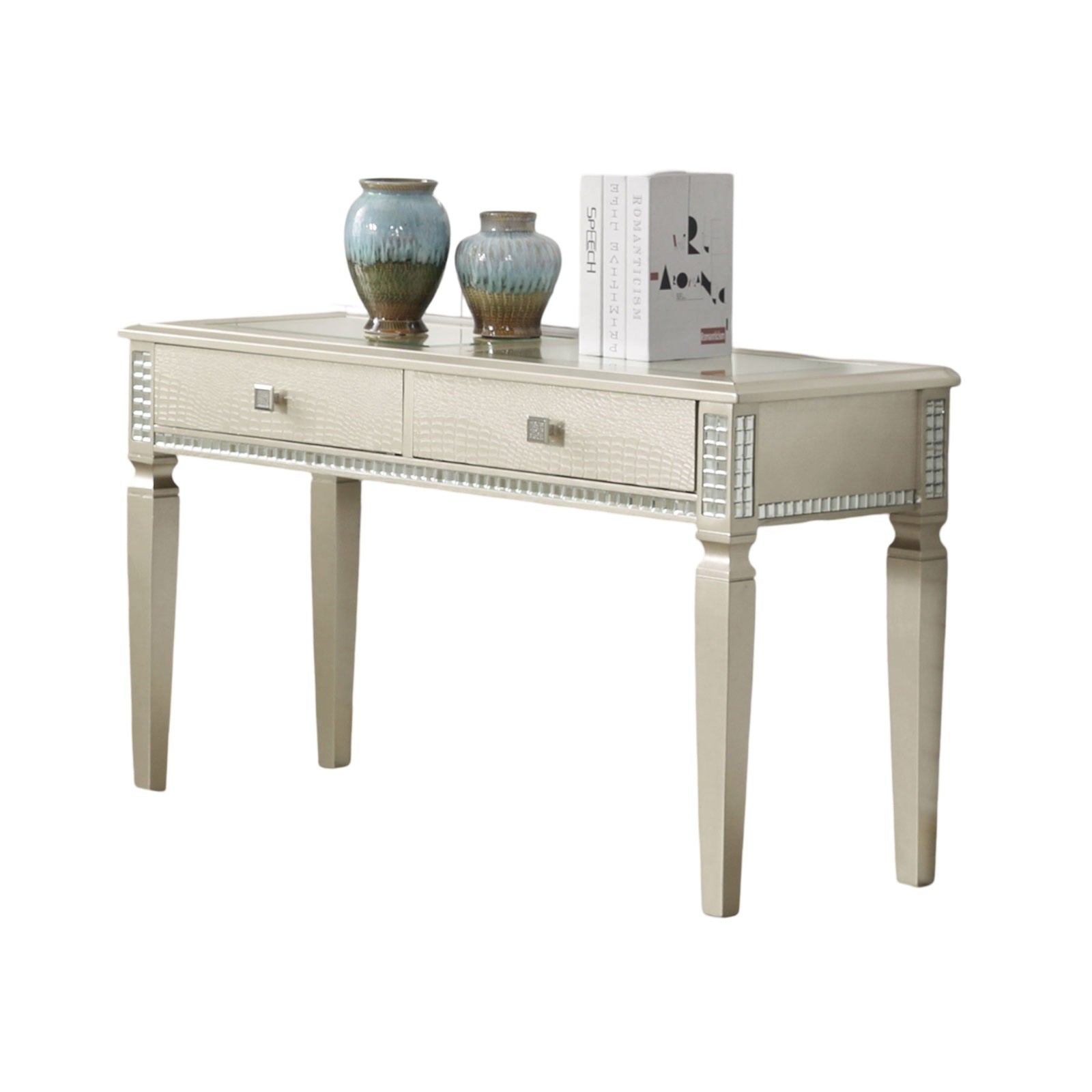 Sofa Table Silver Glam Storage Drawers Table 5Mm Tempered Glass Top W Diamond Pattern Living Room 1Pc Side Table. Silver White Primary Living Space Classic,Contemporary,Transitional Rubberwood Rectangular Drawers Console Tables Solid Wood