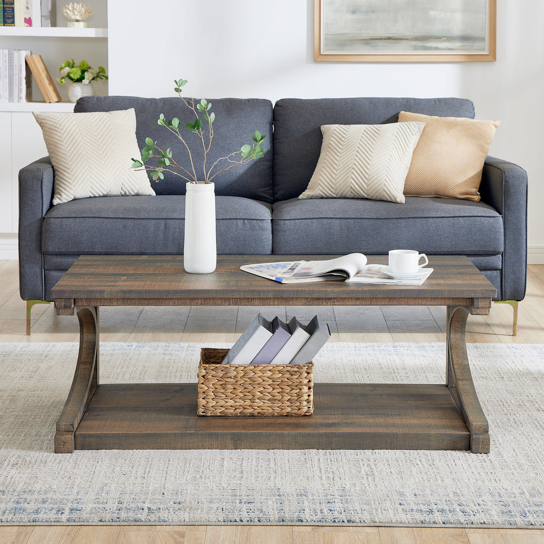 Unique Coffee Table, Solid Wood 48 Inch Modern Coffee Table Modern Center Table With Storage, Solid Wood Special Shape Coffee Table, Living Room, Kitchen, Apartment Dining Table Brown Solid Wood Mdf