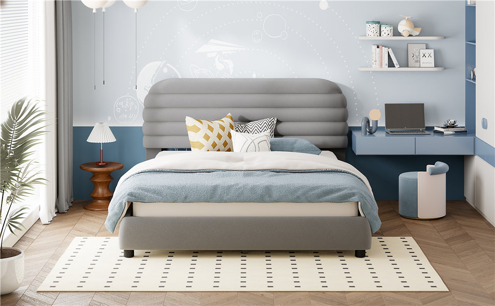 Queen Size Velvet Upholstered Platform Bed,Solid Frame And Stylish Curve Shaped Design, Gray Queen Gray Velvet